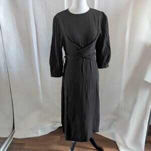 Zara Black Cotton Gauze Midi Dress with Slits and Back Tie Size Small Minimalist